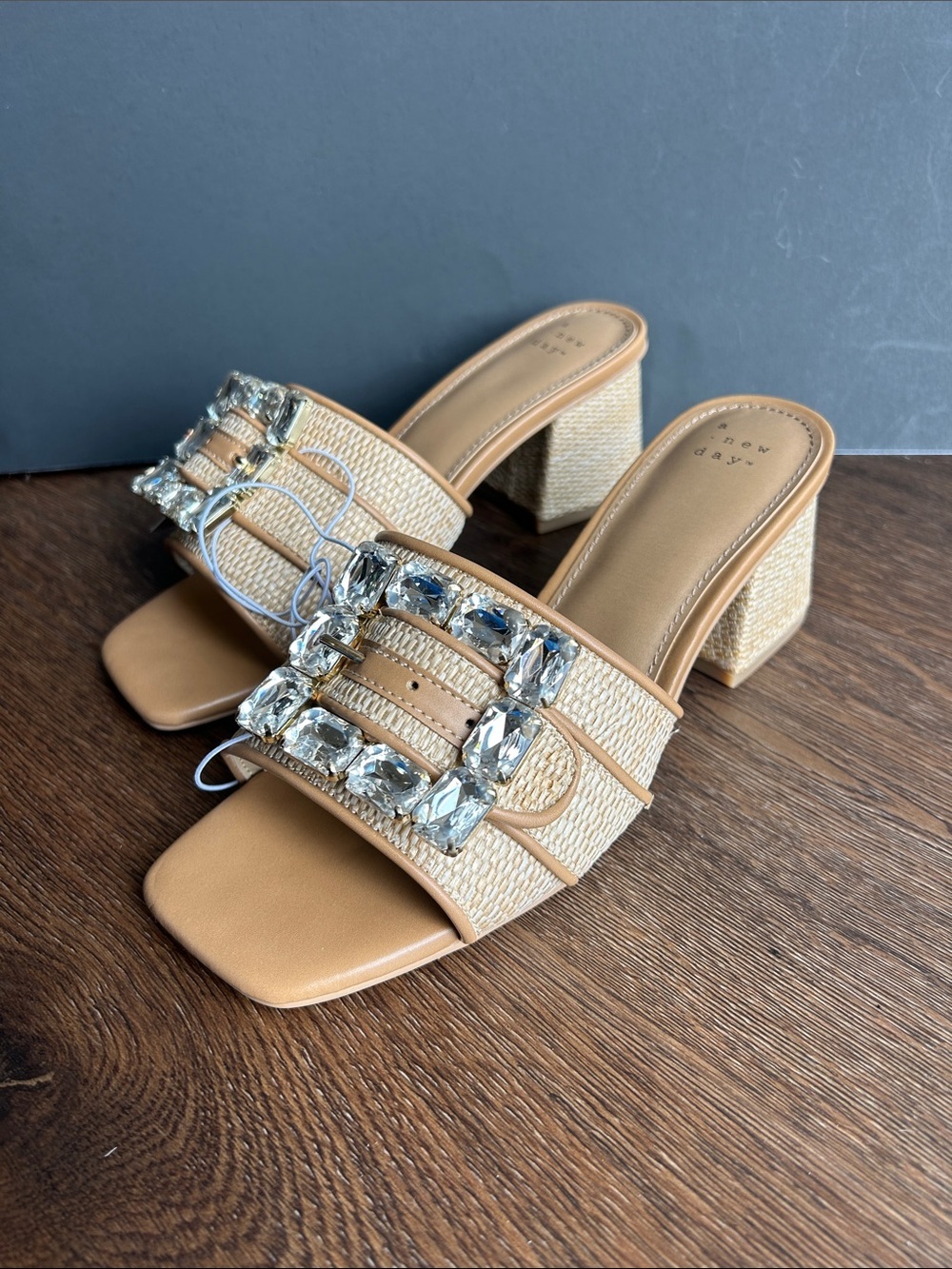 NWT a new day Kathleen Raffia Buckle Block Heel | Tan Block Heel | Rhinestone